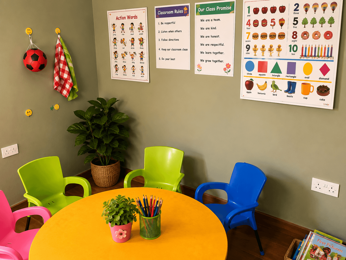 Colourful classroom tables and chairs at Enclave of Wisdom Montessori
