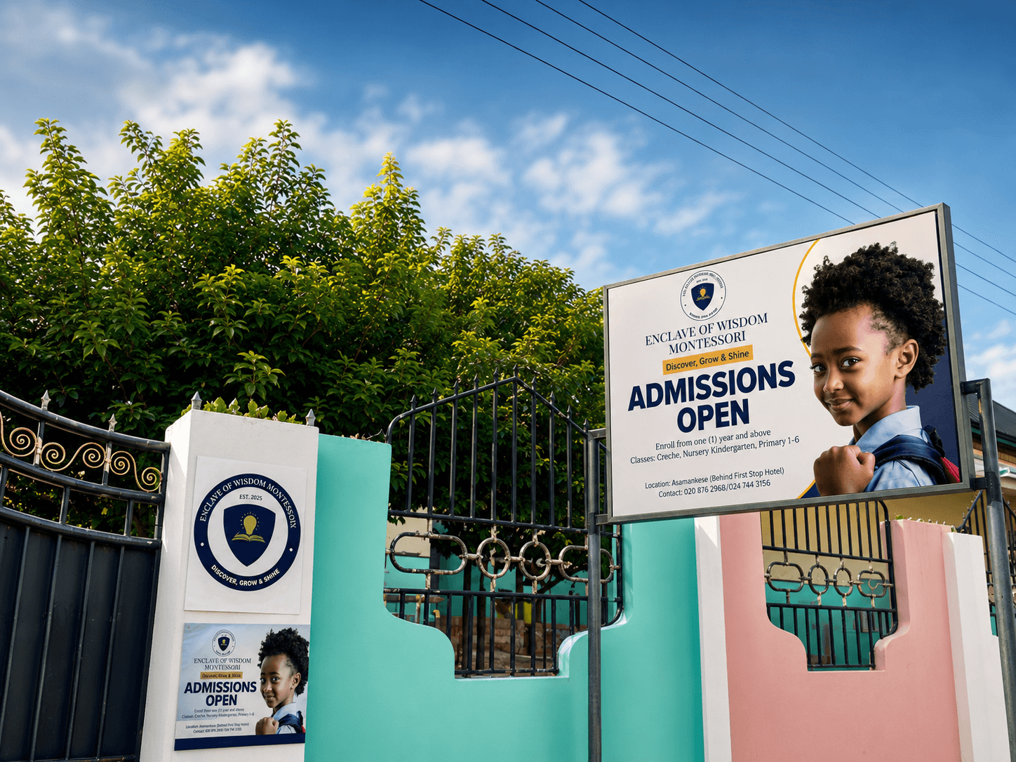 Enclave of Wisdom Montessori campus entrance and admissions board